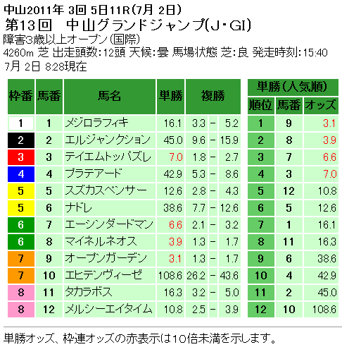中山グランドジャンプ単勝オッズと複勝オッズ